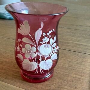 Artisan Floral Ruby Glass Vase - vintage